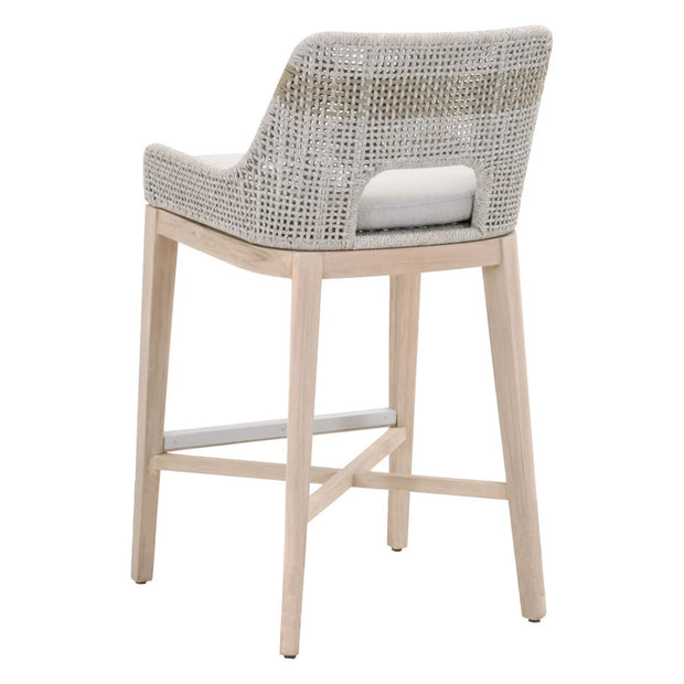 Essentials For Living Tapestry Outdoor Barstool ~ Taupe & White Flat Rope, Taupe Stripe, Performance Pumice, Gray Teak