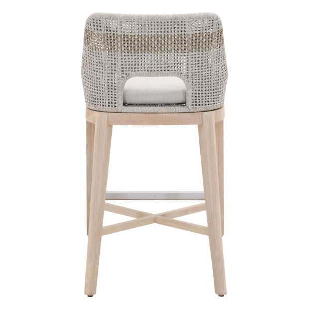 Essentials For Living Tapestry Outdoor Barstool ~ Taupe & White Flat Rope, Taupe Stripe, Performance Pumice, Gray Teak