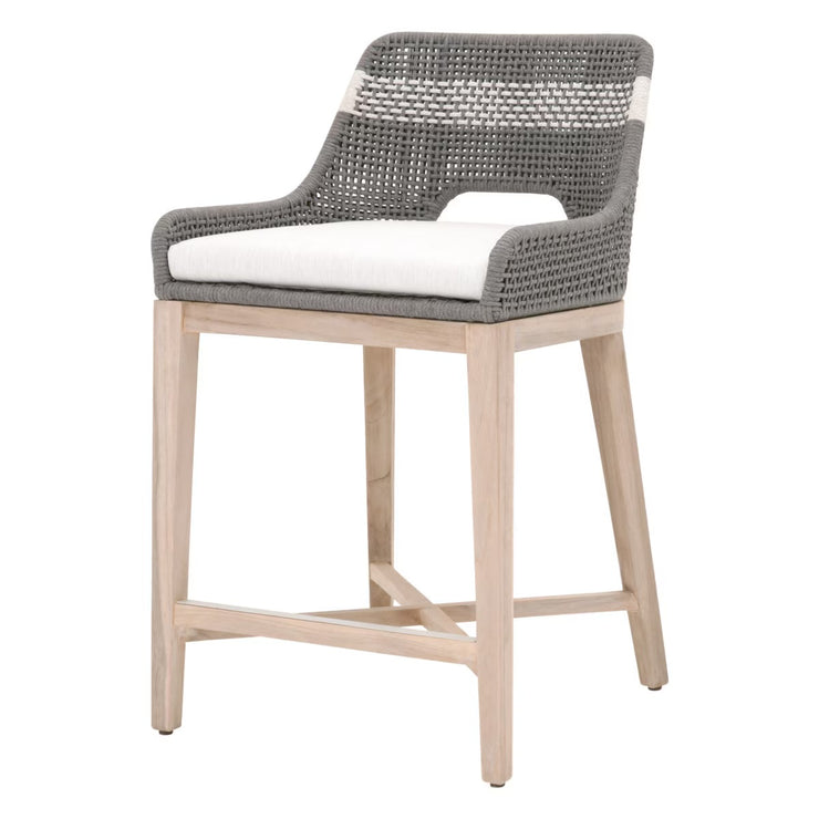 Essentials For Living Tapestry Outdoor Counter Stool ~ Dove Flat Rope, White Speckle Stripe, Performance White Speckle, Gray Teak