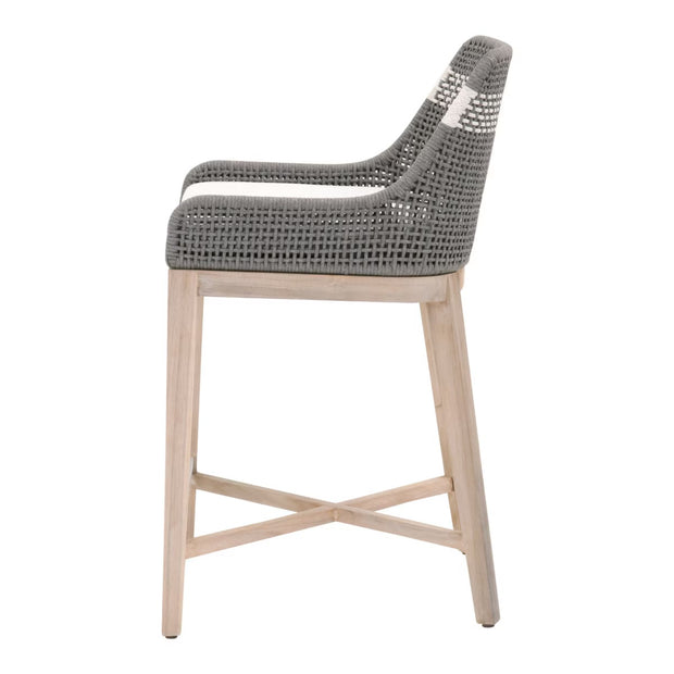 Essentials For Living Tapestry Outdoor Counter Stool ~ Dove Flat Rope, White Speckle Stripe, Performance White Speckle, Gray Teak