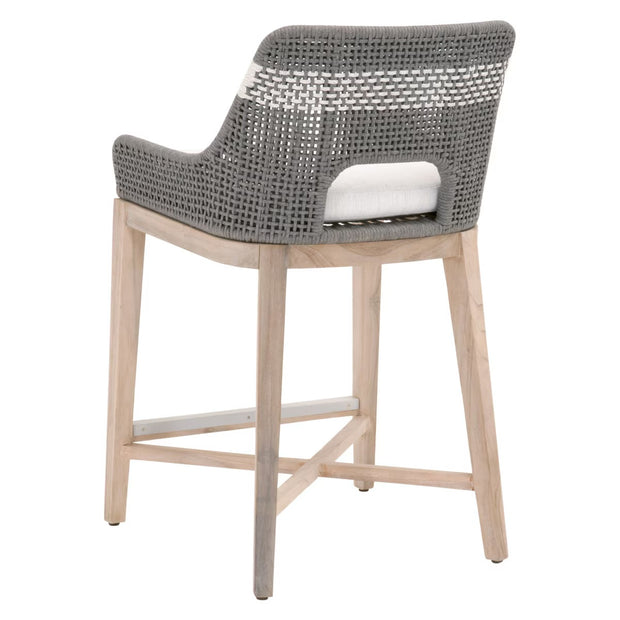 Essentials For Living Tapestry Outdoor Counter Stool ~ Dove Flat Rope, White Speckle Stripe, Performance White Speckle, Gray Teak