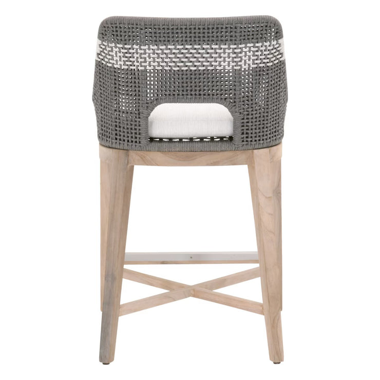 Essentials For Living Tapestry Outdoor Counter Stool ~ Dove Flat Rope, White Speckle Stripe, Performance White Speckle, Gray Teak