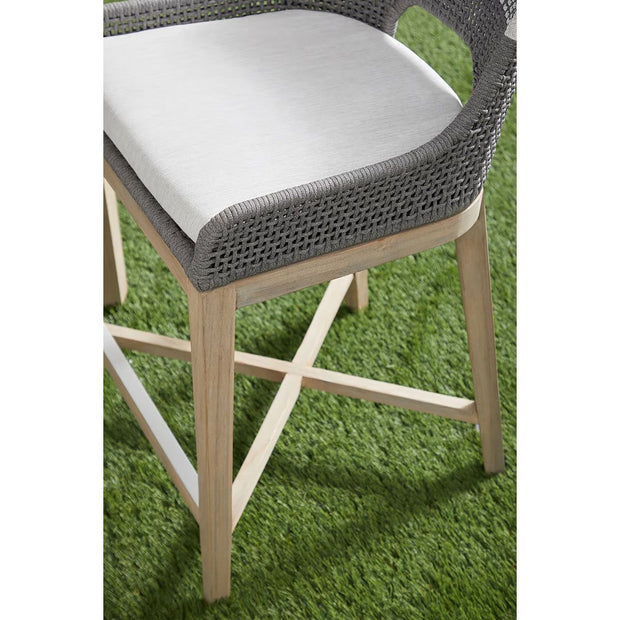 Essentials For Living Tapestry Outdoor Counter Stool ~ Dove Flat Rope, White Speckle Stripe, Performance White Speckle, Gray Teak