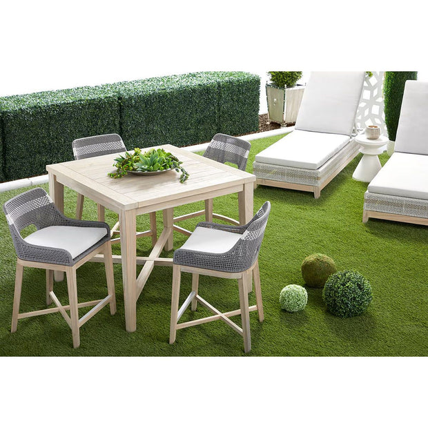 Essentials For Living Tapestry Outdoor Counter Stool ~ Dove Flat Rope, White Speckle Stripe, Performance White Speckle, Gray Teak