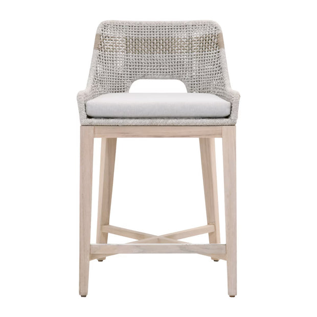 Essentials For Living Tapestry Outdoor Counter Stool ~ Taupe & White Flat Rope, Taupe Stripe, Performance Pumice, Gray Teak