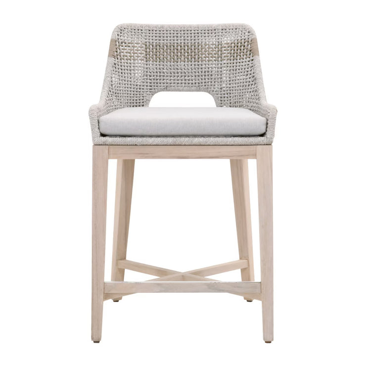 Essentials For Living Tapestry Outdoor Counter Stool ~ Taupe & White Flat Rope, Taupe Stripe, Performance Pumice, Gray Teak