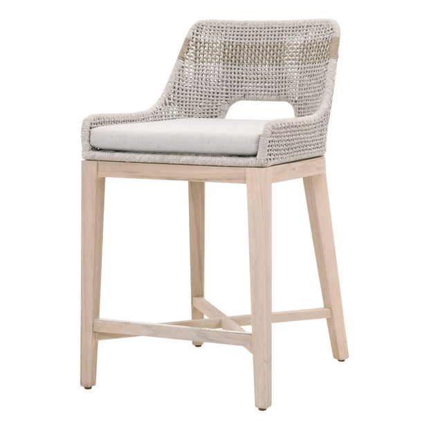 Essentials For Living Tapestry Outdoor Counter Stool ~ Taupe & White Flat Rope, Taupe Stripe, Performance Pumice, Gray Teak