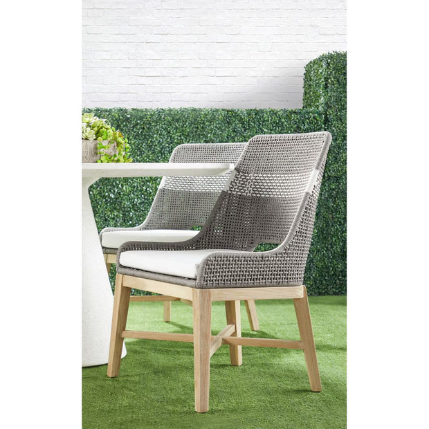 Essentials For Living Tapestry Outdoor Dining Chair ~ Dove Flat Rope, White Speckle Stripe, Performance White Speckle, Gray Teak