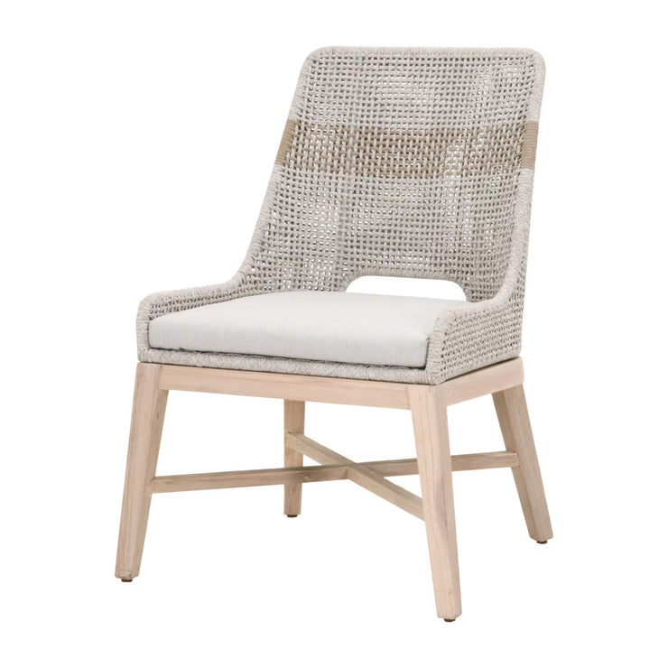 Essentials For Living Tapestry Outdoor Dining Chair ~ Taupe & White Flat Rope, Taupe Stripe, Performance Pumice, Gray Teak
