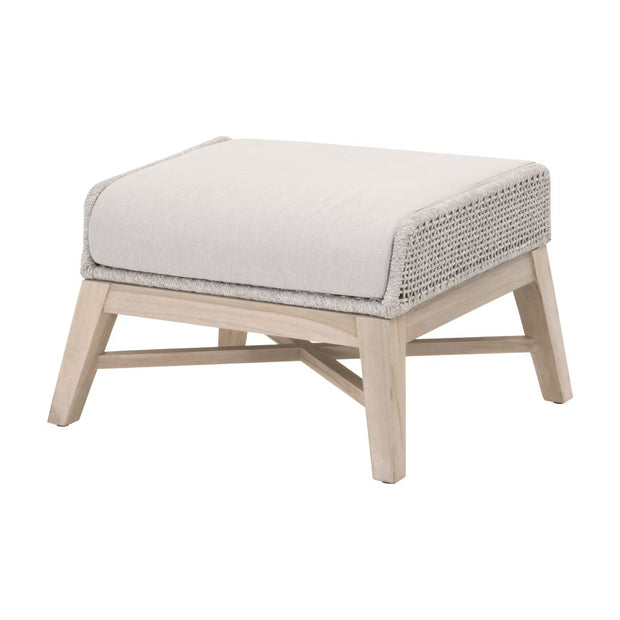 Essentials For Living Tapestry Outdoor Footstool ~ Taupe & White Flat Rope, Performance Pumice, Gray Teak