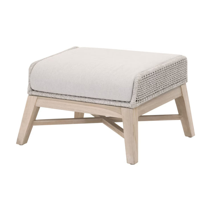 Essentials For Living Tapestry Outdoor Footstool ~ Taupe & White Flat Rope, Performance Pumice, Gray Teak