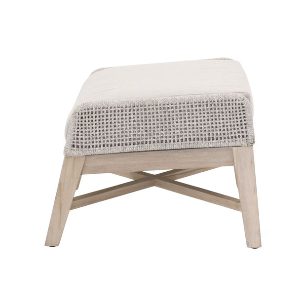 Essentials For Living Tapestry Outdoor Footstool ~ Taupe & White Flat Rope, Performance Pumice, Gray Teak