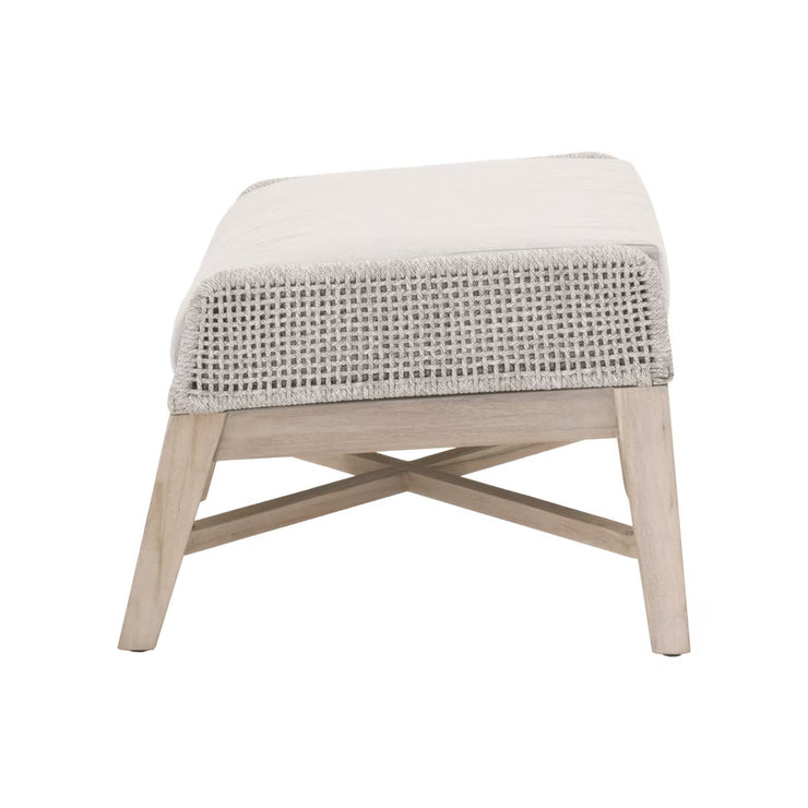 Essentials For Living Tapestry Outdoor Footstool ~ Taupe & White Flat Rope, Performance Pumice, Gray Teak