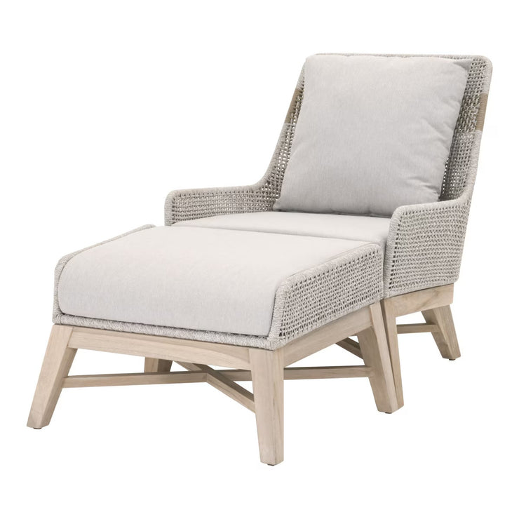 Essentials For Living Tapestry Outdoor Footstool ~ Taupe & White Flat Rope, Performance Pumice, Gray Teak