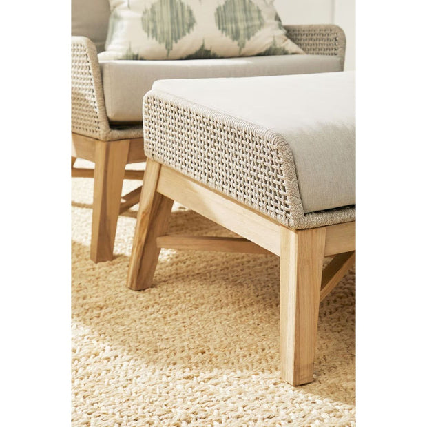 Essentials For Living Tapestry Outdoor Footstool ~ Taupe & White Flat Rope, Performance Pumice, Gray Teak