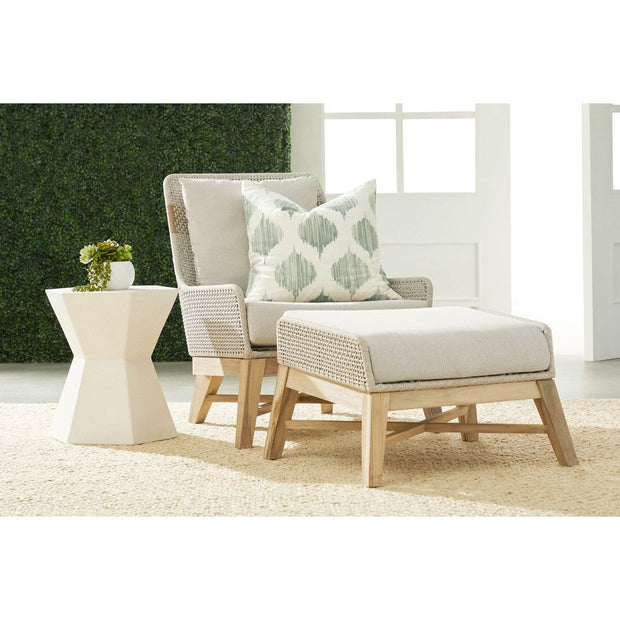 Essentials For Living Tapestry Outdoor Footstool ~ Taupe & White Flat Rope, Performance Pumice, Gray Teak