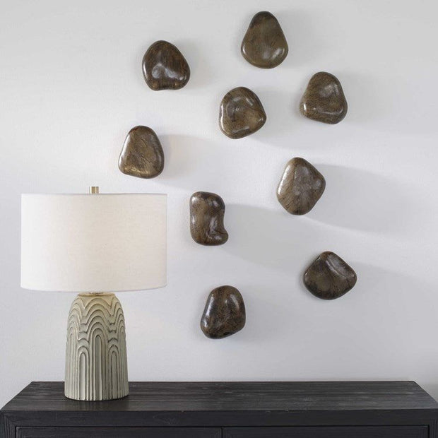 Uttermost Pebbles Set of 9 Walnut Brown Finish Spalted Tamarind Wood Wall Art Decor