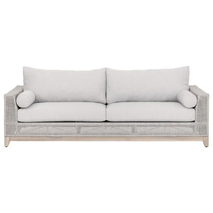 Essentials For Living Tropez Outdoor 90” Sofa ~ Taupe & White Flat Rope, Performance Pumice, Gray Teak