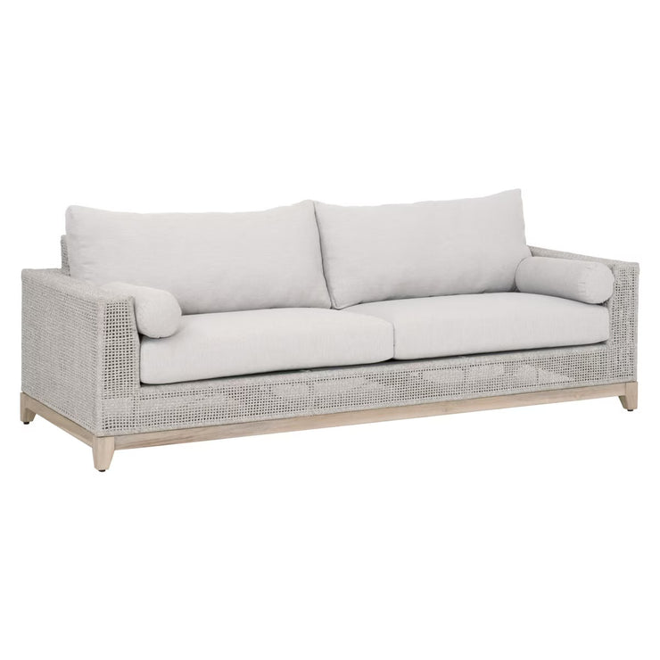 Essentials For Living Tropez Outdoor 90” Sofa ~ Taupe & White Flat Rope, Performance Pumice, Gray Teak