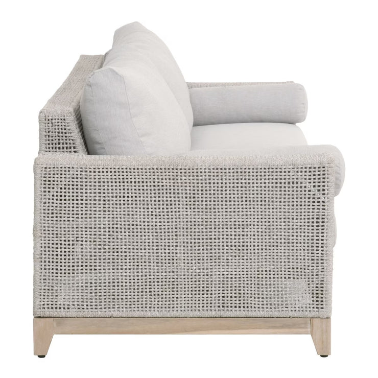 Essentials For Living Tropez Outdoor 90” Sofa ~ Taupe & White Flat Rope, Performance Pumice, Gray Teak