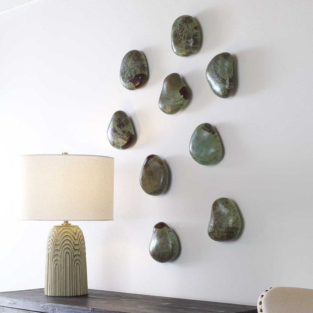 Uttermost Pebbles Set of 9 Aqua Finish Spalted Tamarind Wood Wall Art Decor