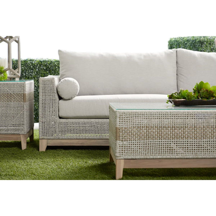 Essentials For Living Tropez Outdoor 90” Sofa ~ Taupe & White Flat Rope, Performance Pumice, Gray Teak