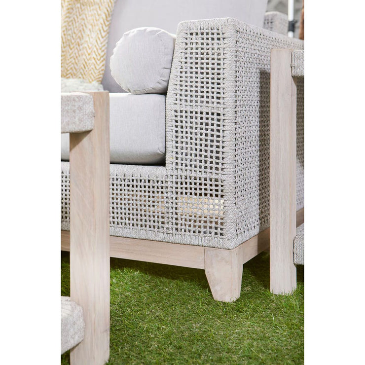Essentials For Living Tropez Outdoor 90” Sofa ~ Taupe & White Flat Rope, Performance Pumice, Gray Teak