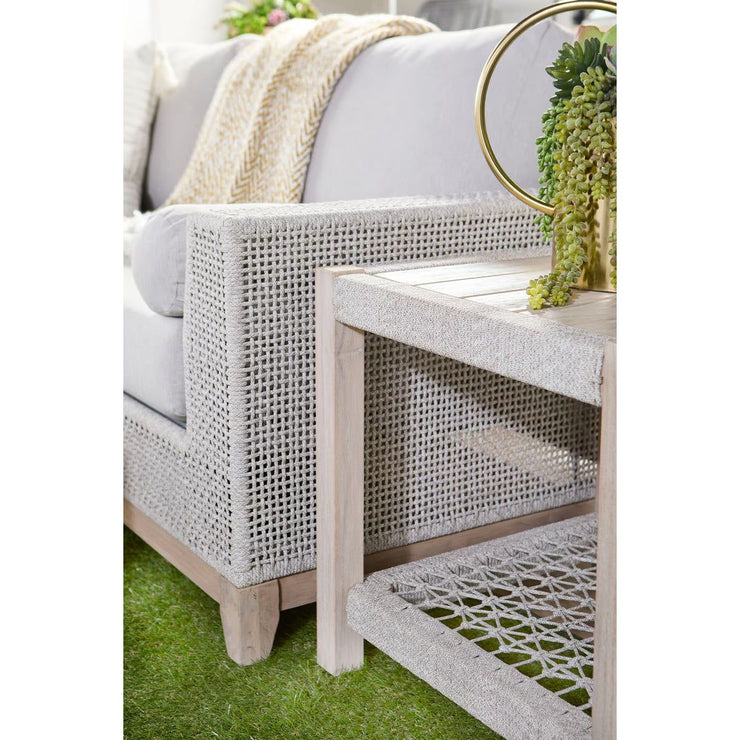 Essentials For Living Tropez Outdoor 90” Sofa ~ Taupe & White Flat Rope, Performance Pumice, Gray Teak