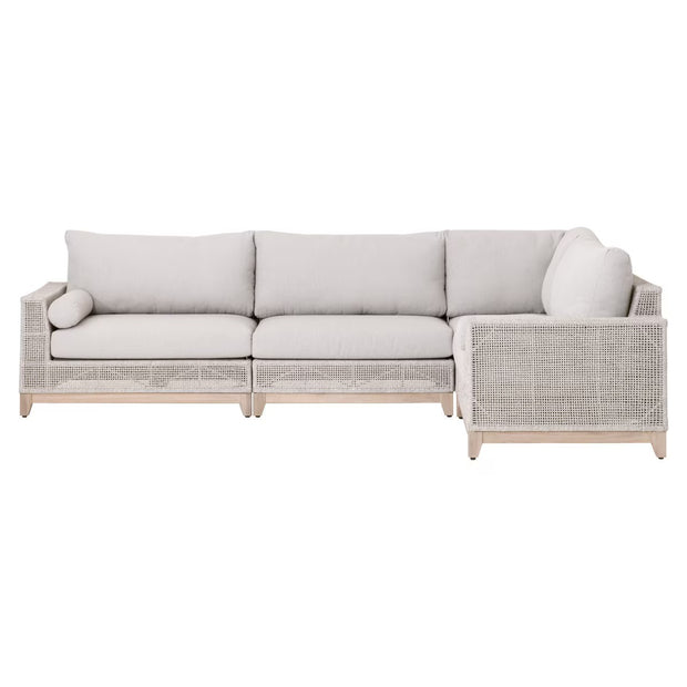 Essentials For Living Tropez Outdoor Modular Left Facing 1-Arm Sofa ~ Taupe & White Flat Rope, Performance Pumice, Gray Teak