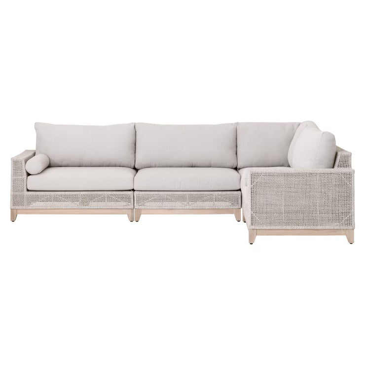 Essentials For Living Tropez Outdoor Modular Left Facing 1-Arm Sofa ~ Taupe & White Flat Rope, Performance Pumice, Gray Teak