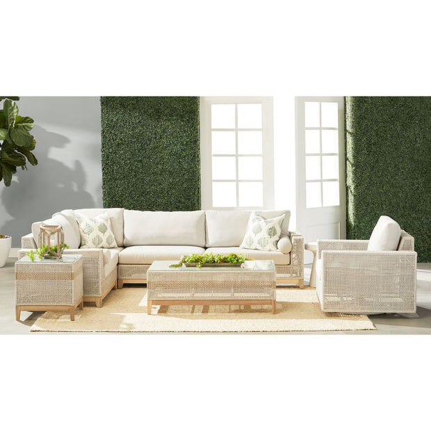 Essentials For Living Tropez Outdoor Modular Right Facing 1-Arm Sofa ~ Taupe & White Flat Rope, Performance Pumice, Gray Teak