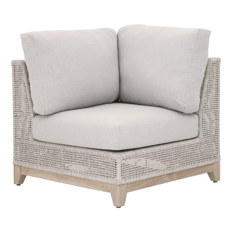 Essentials For Living Tropez Outdoor Modular Corner Sofa ~ Taupe & White Flat Rope, Performance Pumice, Gray Teak