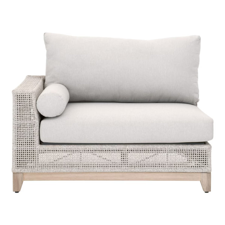 Essentials For Living Tropez Outdoor Modular Left Facing 1-Arm Sofa ~ Taupe & White Flat Rope, Performance Pumice, Gray Teak