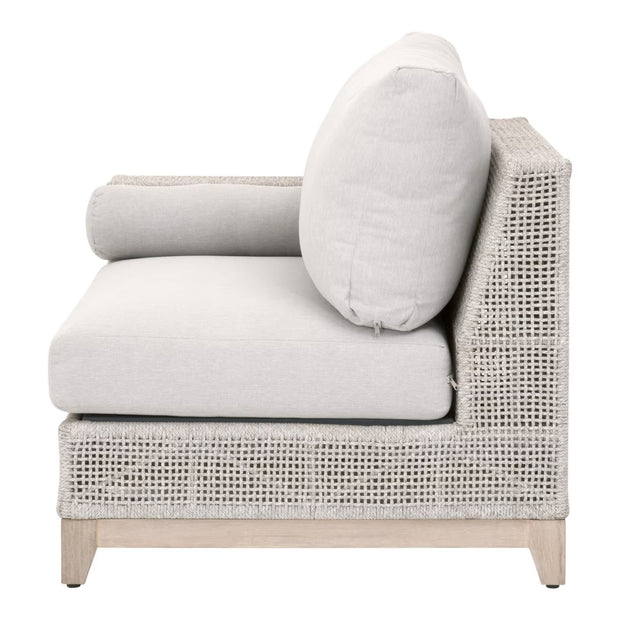Essentials For Living Tropez Outdoor Modular Left Facing 1-Arm Sofa ~ Taupe & White Flat Rope, Performance Pumice, Gray Teak
