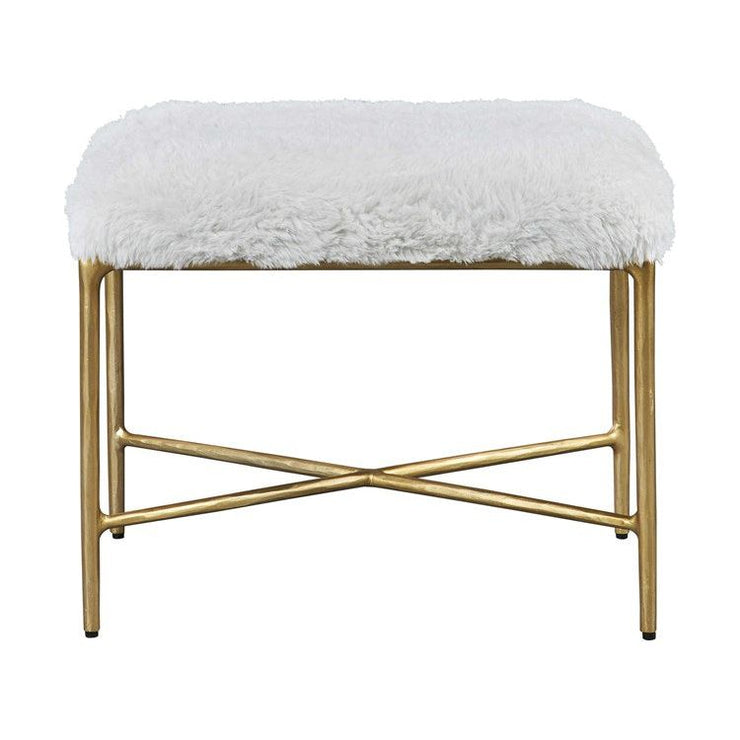 Uttermost Charmed Cream Long Haired Faux Sheepskin with Gold Iron Base Small Bench