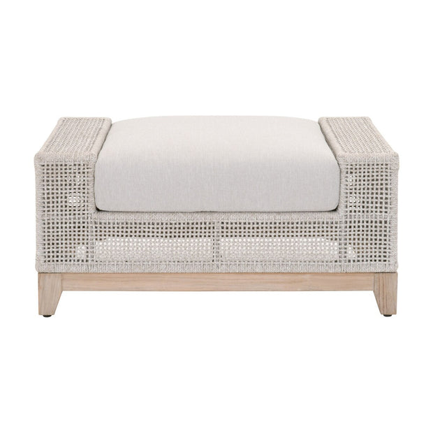 Essentials For Living Tropez Outdoor Ottoman ~ Taupe & White Flat Rope, Performance Pumice, Gray Teak