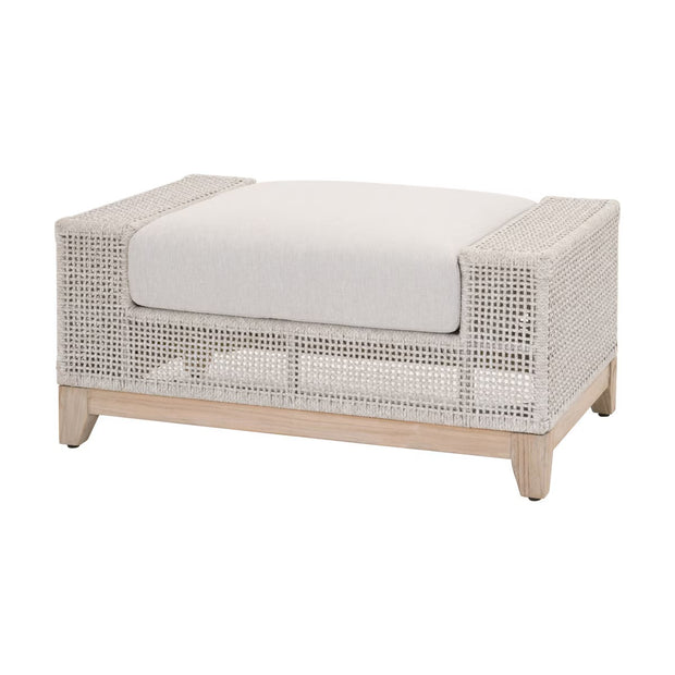 Essentials For Living Tropez Outdoor Ottoman ~ Taupe & White Flat Rope, Performance Pumice, Gray Teak