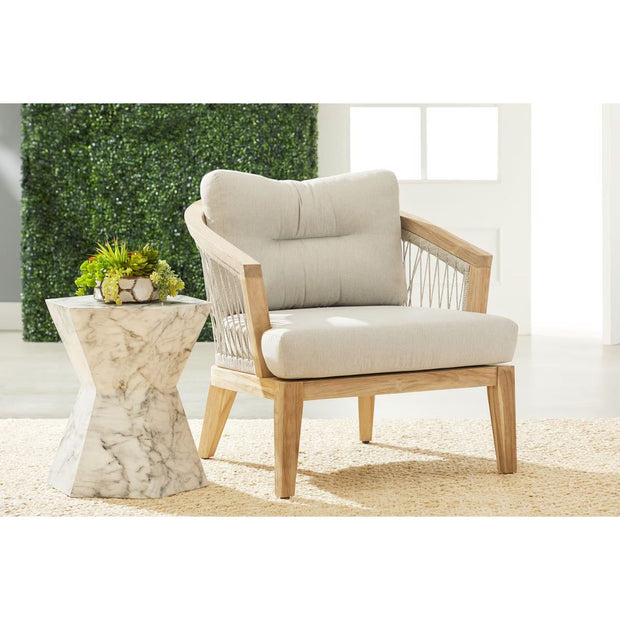 Essentials For Living Web Outdoor Club Chair ~ Taupe & White Flat Rope, Performance Pumice, Gray Teak