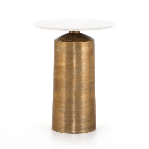 Four Hands Delune Round Nightstand ~ Brushed Brass With White Marble