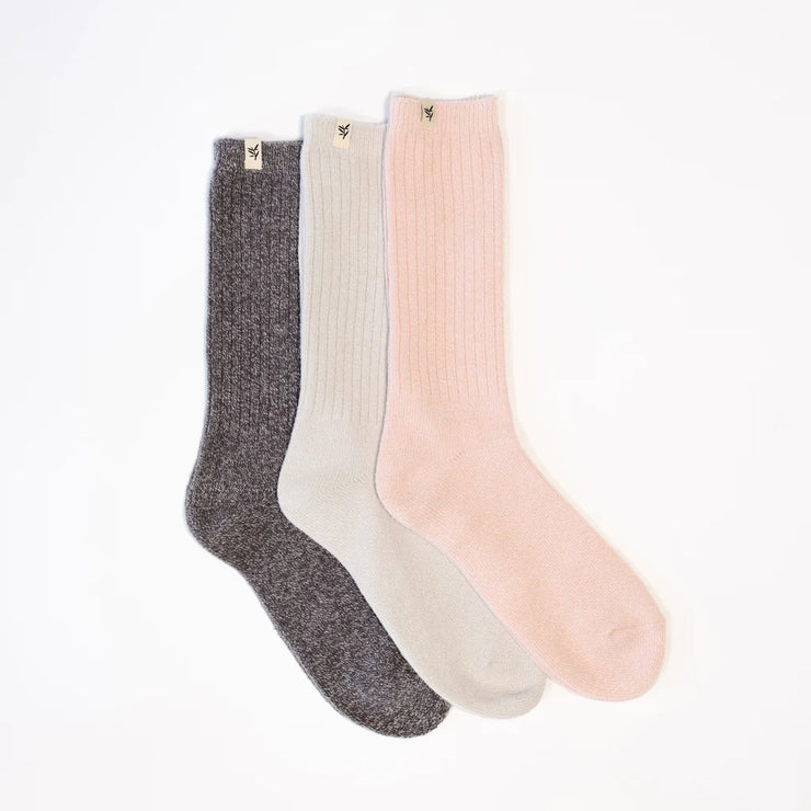 Cozy Earth The Plush Lounge Sock ~ Set of 3 Socks Slate Grey, Cloud and Blush
