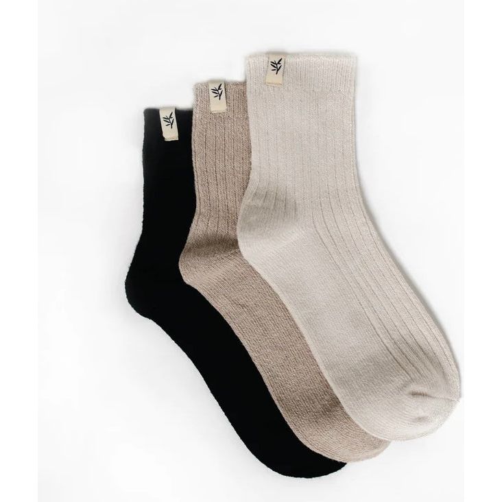Cozy Earth The Plush Modern Crew Sock ~ Set of 3 Socks Black, Almond and Crème