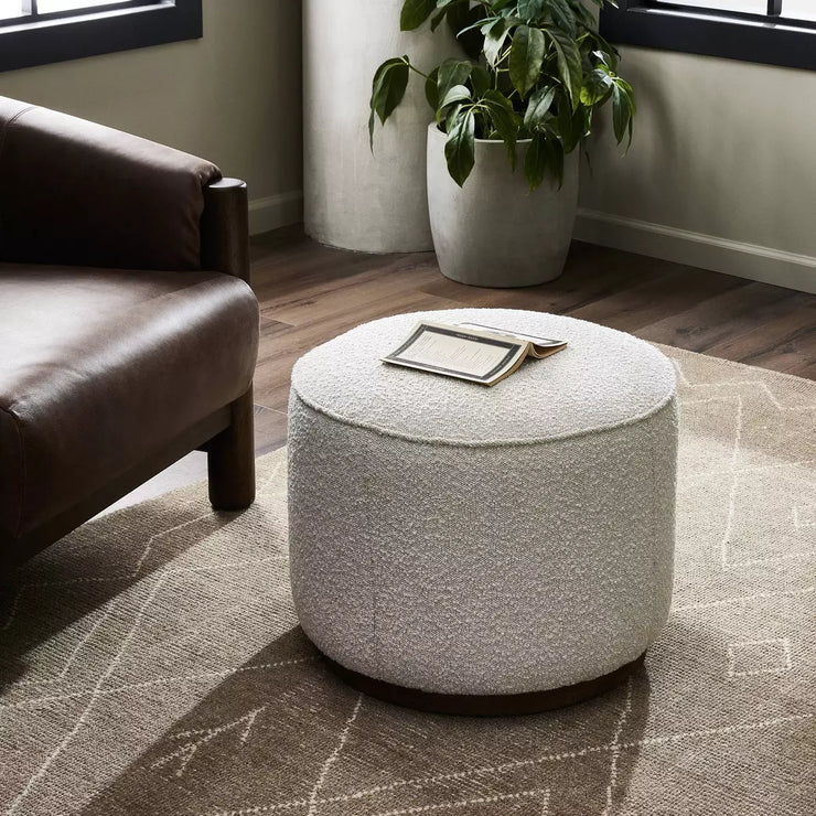 Four Hands Sinclair Round Ottoman  ~ Knoll Natural Cream Boucle Performance Fabric