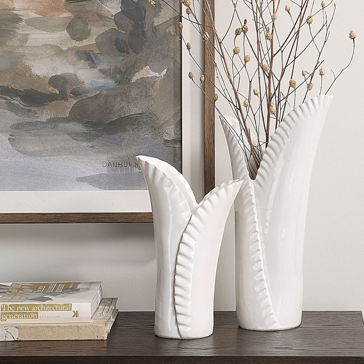 Uttermost Leafscape Set Of Two White Ceramic Vases
