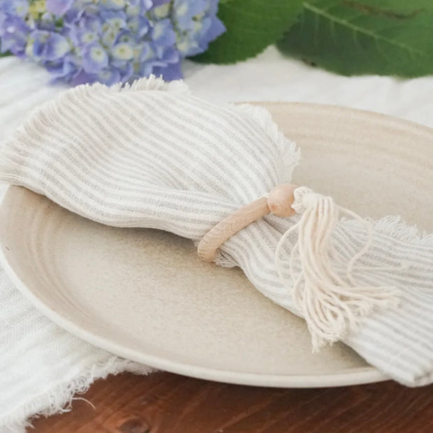 Anaya Home So Soft Linen Beige Stripe Fringe Napkins ~ Set of 4