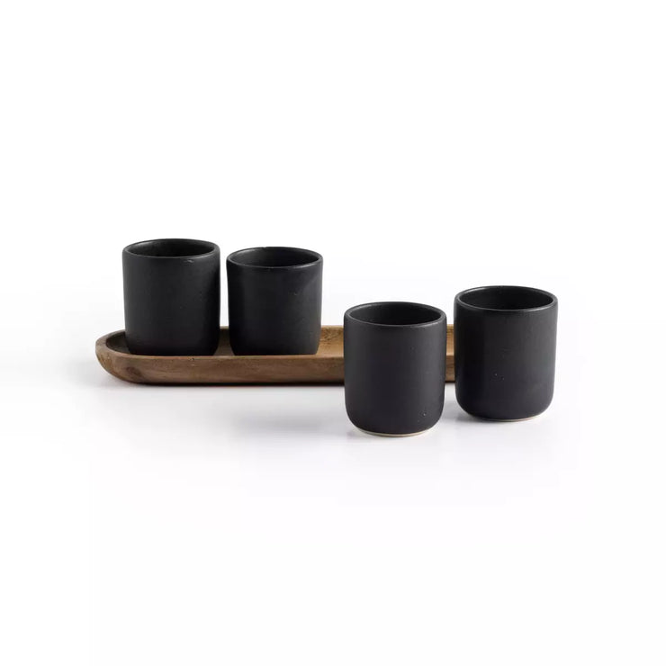 Four Hands Nelo Set of 4 Espresso Cups with Wood Tray ~ Matte Black Glaze Ceramic
