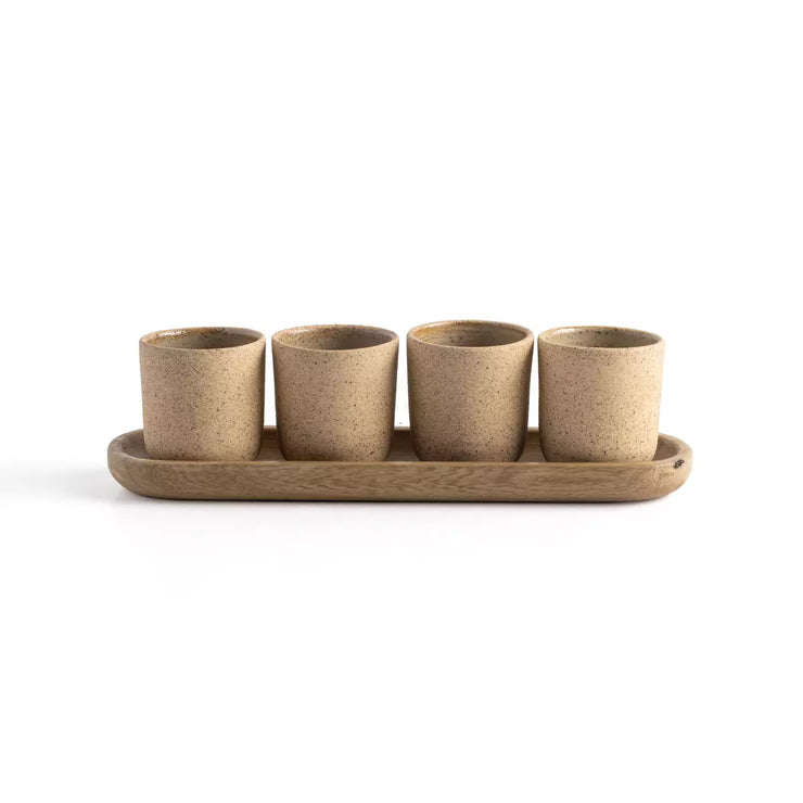 Four Hands Nelo Set of 4 Espresso Cups with Wood Tray ~ Natural Speckled Clay Ceramic