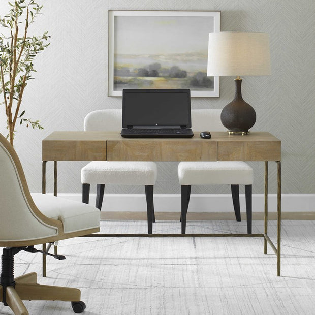 Uttermost Aristotle Natural Primavera Contemporary Desk with Antique Gold Cast Iron Base
