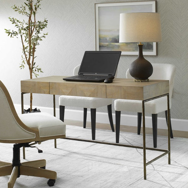 Uttermost Aristotle Natural Primavera Contemporary Desk with Antique Gold Cast Iron Base