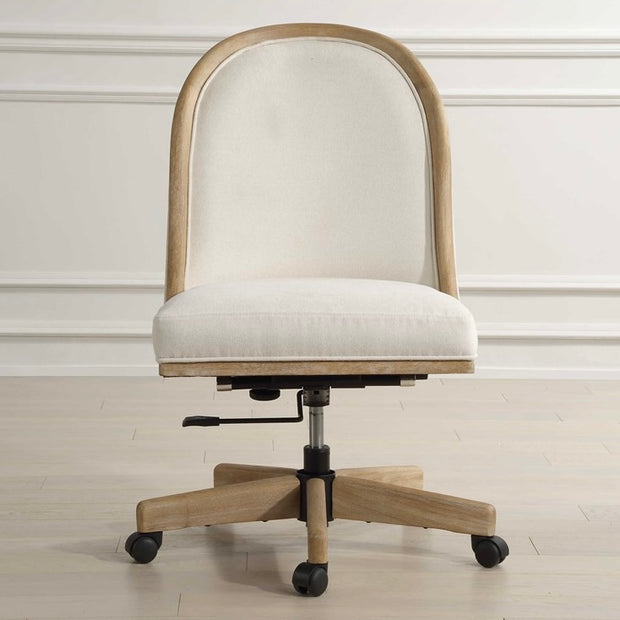 Uttermost Lithe White Frost Fabric and Light Oak Natural Ceruse Desk Chair with Casters