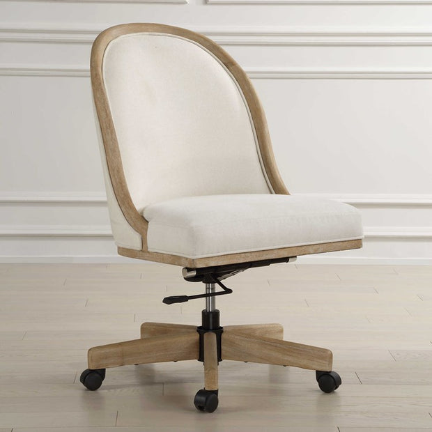 Uttermost Lithe White Frost Fabric and Light Oak Natural Ceruse Desk Chair with Casters
